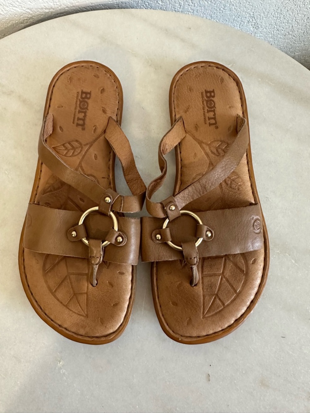 Born Tan Leather Ring-Accent Thong Sandals